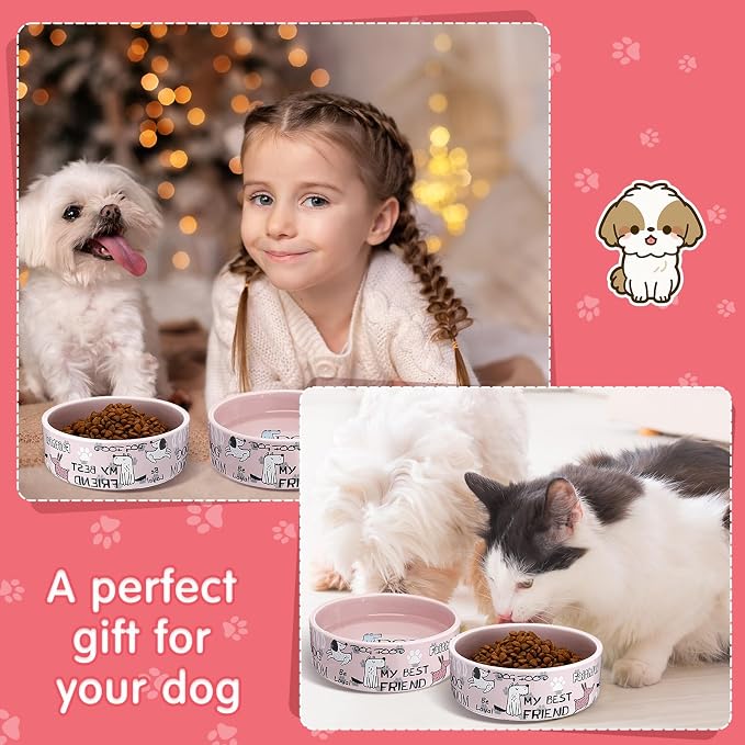 Maxcheck 2 Pcs 5 Inch Ceramic Dog Bowls Dishes for Small Dogs Cute Cartoon Pattern Puppy Cat Bowls Heavy Food Water Dishes for Pets Feeding Travel, Dishwasher Safe Microwave Safe(Pink) - Image 6