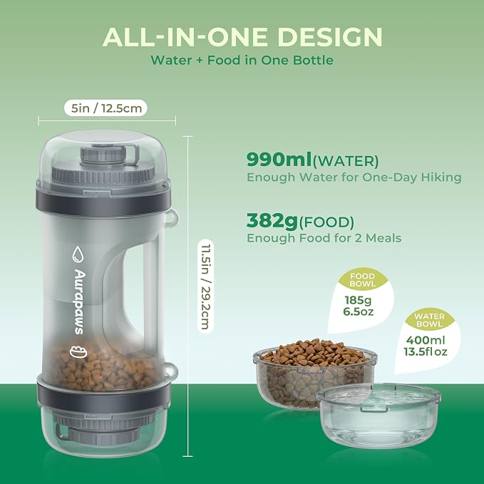 33.5oz Portable Dog Water Bottle for Travel Hydration&Food Feeder | 13.5oz Food Storage, 13.5oz Water Dispenser Bowl, 6.5oz Food Container, Leak-Proof, for All Breeds, Outdoor, Walking, Hiking - Image 2