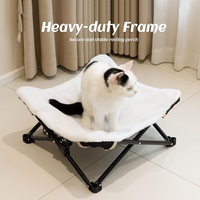 PETKARAY Foldable Cat Hammock Bed, Elevated Fluffy Kitty Lounge Furniture with Metal Frame, Raised Cat Hammock Chair for Indoor Cats - Image 4
