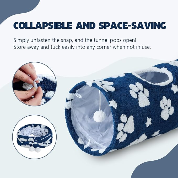 Straight Cat Tunnel for Indoor Cats 47"x12", Blue Paw | Cute Cat Toys, Collapsible Tunnel Tube with Hanging Balls for Puppy Kitten Rabbit - Image 6