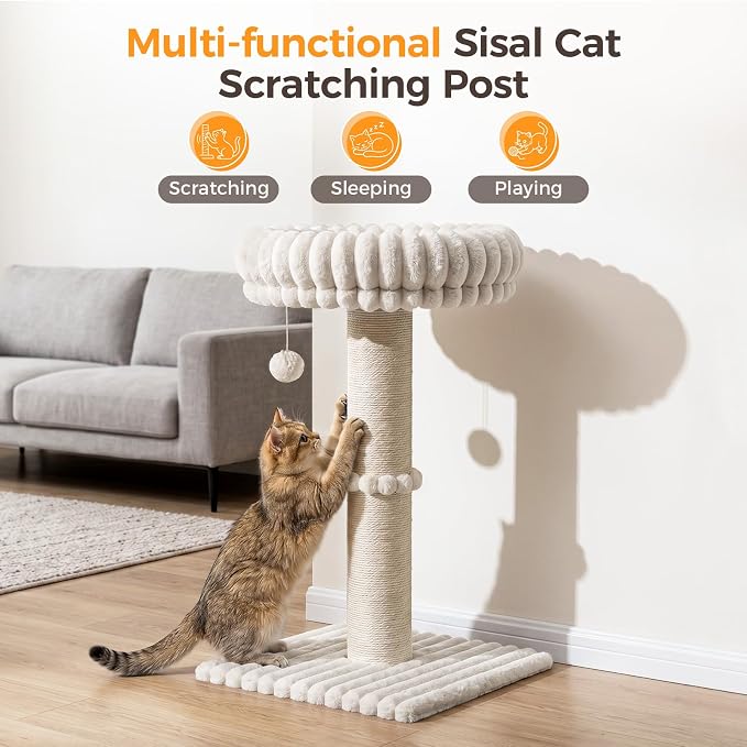 Avont 28.7" Sisal Cat Scratching Post with Large Plush Perch, Cream | Large Cat Scratcher Tower & Plush Elevated Cat Bed with Removable & Washable Cover, Sturdy Cat Perch for Indoor Cats - Image 2