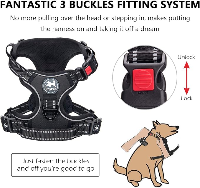 PoyPet No Pull Dog Harness Small with Front Clip & Neck Release Buckle | No Choke, Adjustable Vest, Reflective, Back Clip, Lockable, Soft Padded, Easy Control Handle for Walking Training, S, Black - Image 2