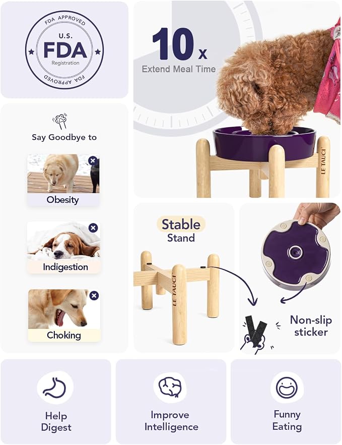 LE TAUCI Ceramic Slow Feed Dog Bowls, Elevated for Small Breeds, Anti-Gulping, Non-Slip, 6 inch, Purple - Image 3