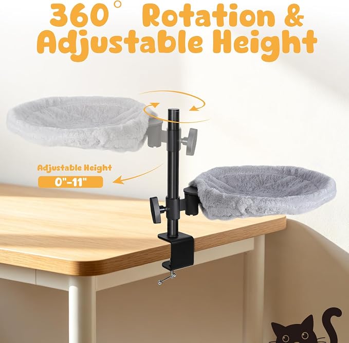 Topmart Cat Desk Bed with 360° Rotating & Adjustable Height | Cat Hammock for Desk with 2 Washable Pads, Easy to Install, Kittens Bed Attachment for Home Office,Up to 45LBS, Grey & Black - Image 3