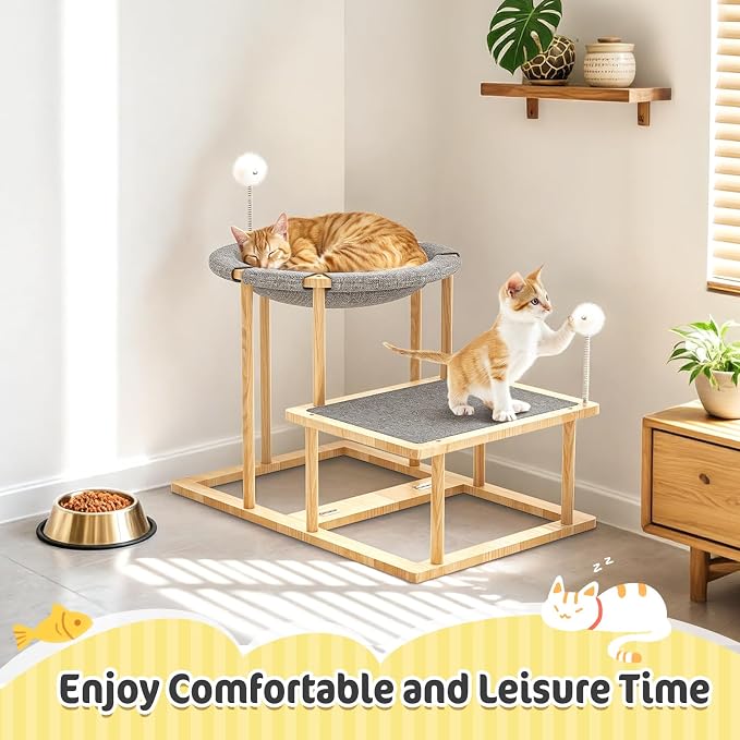 Pawaboo Elevated Cat Hammock Bed, 2-Tier Cats Bed with 2 Teasers | Wooden Cats Furniture with Kitten Scratching Mat, Double Cat Beds Interactive Stair Shaped Pet Hammock for Indoor Climbing - Image 7
