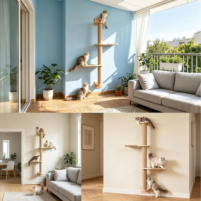 Tall Wall Cat Tree 47"‌, Wood Cat Wall Shelves Wall-Mounted Scratching Post | with Natural Jute Rope Adjustable Cat Tower for Indoor Cats (3-Tier Cat Tree, Natural Sisal Color) - Image 5
