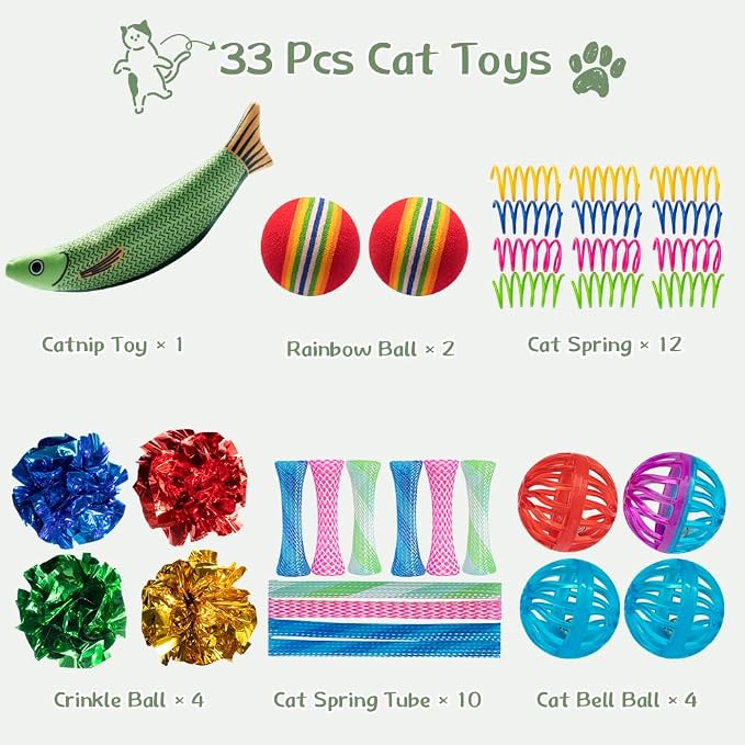 33-Pack Cat Toys for Indoor Cats & Kittens, Interactive Cat Toy | Kitten Toys for Indoor Kittens Set: Jingle Balls, Crinkle Balls, Springs & Catnip - Ideal for Boredom Relief & Self Play - Image 2