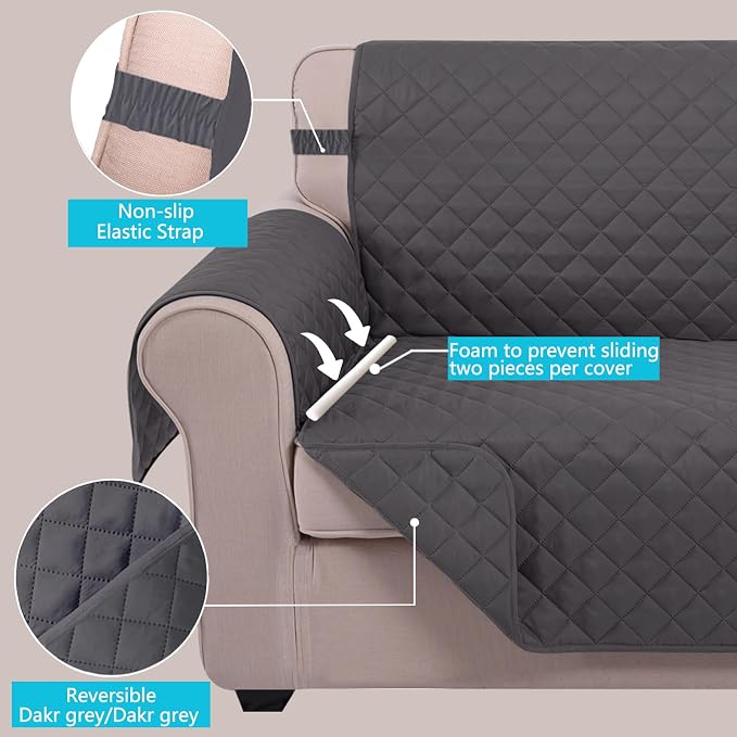 U-NICE HOME Loveseat Sofa Cover for 2 Cushion Couch, Dark Grey | 54''Oversized Loveseat Cover Washable, Pet Friendly, Elastic Straps, Water Repellent, Furniture Protector for 2 Cushion - Image 3