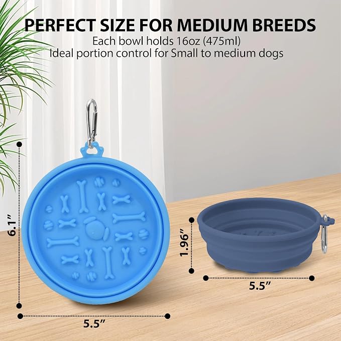 2-Pack Collapsible Dog Bowls with Suction Cups & Scraper - 16oz Travel Pet Bowls for Food/Water, Non-Slip Feeding Dish for Dogs, Includes Carabiner Clip Blue&Grey - Image 2