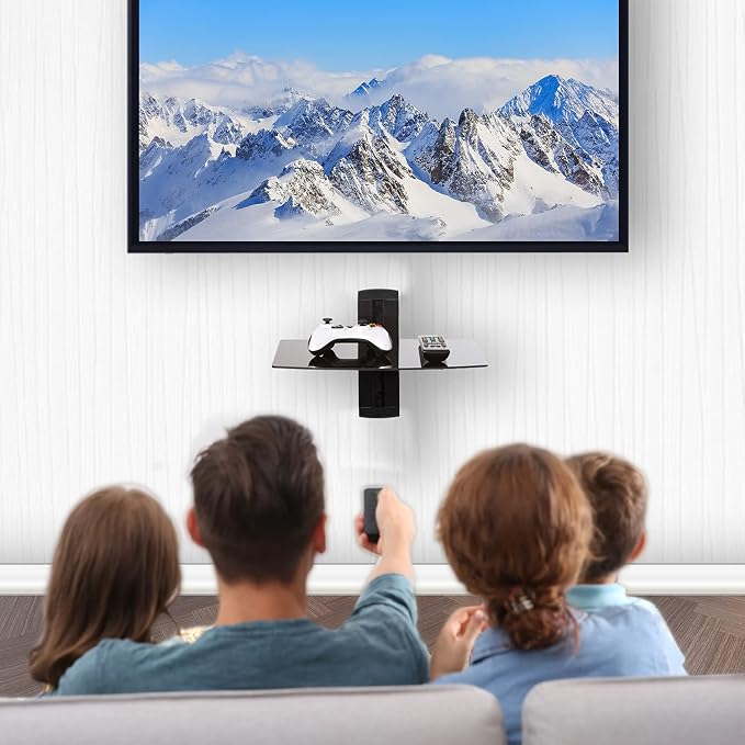 WALI Floating TV Shelf, 1 Tier Glass Projector Shelf for DVD Players, Routers, Game Consoles, Cable Boxes, Living Room Decor, Wall Mount Shelves Hold Up to 17.6lbs (CS201B), 1-Shelf, Black - Image 2