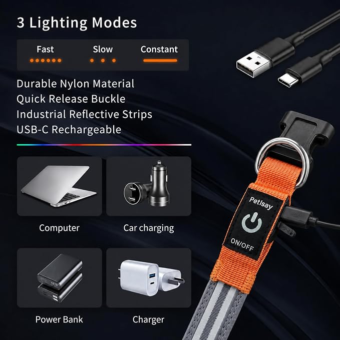 Light Up Dog Collar for Night Walking, Reflective LED Collar(Orange, M) | Bright Safety Glow in the Dark, Adjustable Comfort Fit, Waterproof, Long Runtime, Easy USB-C Charging - Image 3