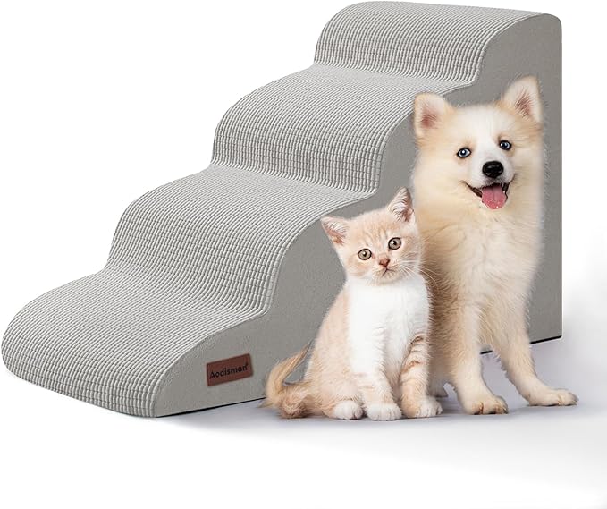 Aodisman Dog Steps for Bed or Couch,4-Step Pet Stairs Ramp for Small Dogs | 17.4" H Indoor Non-Slip Dog Stairs Help Senior Dogs,Short-Legged Breeds,Puppies and Cats to Reach Beds and Chairs,Light Grey by AODISMAN