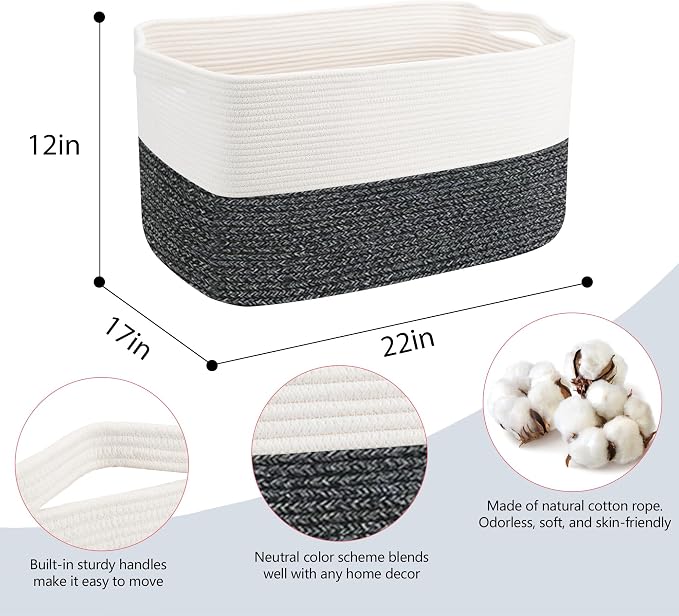 MEGASKET Extra Large Toy Box, 22" x 17" x 12" Rectangle Blanket Basket Living Room, Woven Cotton Rope Baskets for Storage, Soft Toy Storage Organizer Bin Chest, Kids Toy Box fo Living Room - Image 2