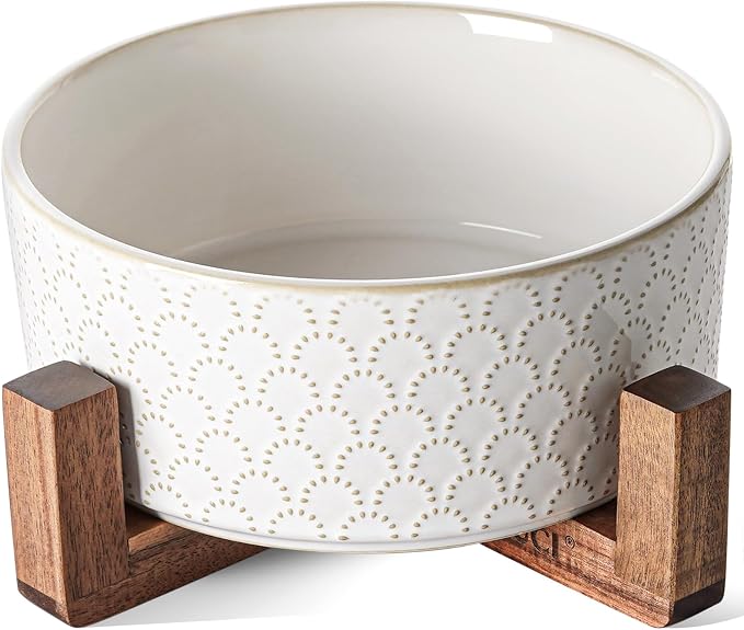 LE TAUCI Ceramic Dog Bowls for Large Dogs, 7" Elevated Water Bowl with Acacia Wood Stand, Single Set for Food & Water, Fireworks by LETAUCI