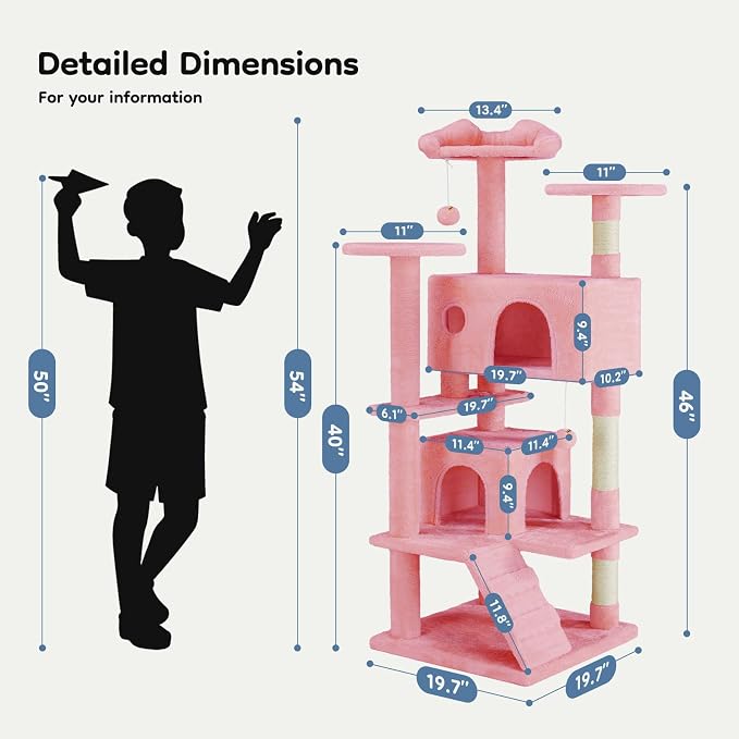 DUMOS 54-inch Cat Tree Tower with Scratching Posts, Indoor Use | Multi-Level Pet House for Large Cats with 2 Condos, Round Platform, Small Ladder and Toys, Pink - Image 6