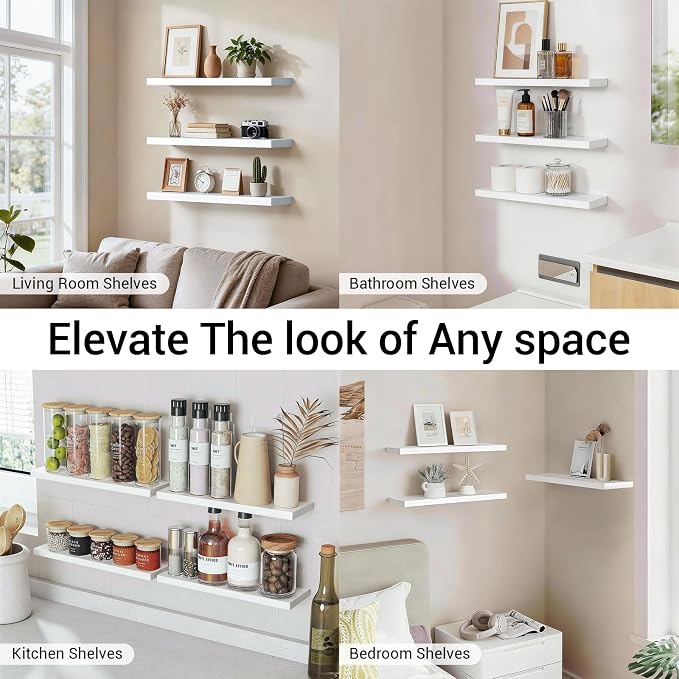 BAYKA White Floating Shelves 22.5in, Set of 3, Wall Mounted for Wall Decor | Easy Install, 22lbs Max Load, Hidden Bracket, Hanging Shelf for Bathroom Bedroom Kitchen Storage Decor, Multi-Wall Compatible - Image 7