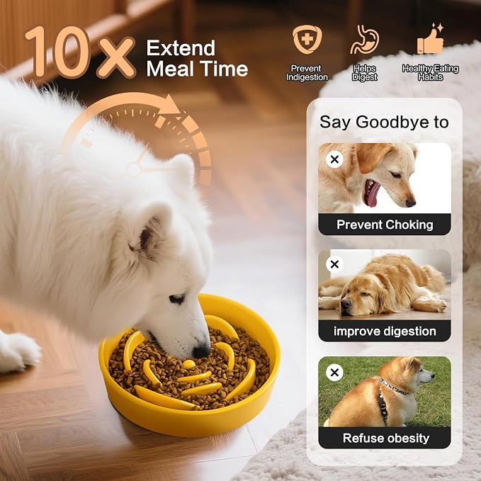 8.25'' Ceramic Slow Feeder Dog Bowls - Petal Shape Modern Dog Food Dish for Medium and Large Breeds, Puzzle Maze Bowl to Slow Down Eating, Anti-Gulping, Dishwasher & Microwave Safe, Yellow - Image 4