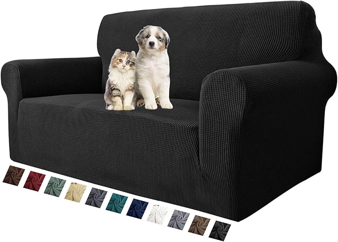 MAXIJIN Stretch Loveseat Sofa Slipcovers 1 Piece Love Seat Couch Covers for 2 Cushion Couch Non Slip Sofa Cover Washable Dog Cat Proof Furniture Protector Pet Friendly (Loveseat, Black) by MAXIJIN