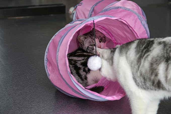 PetLike S Way Cat Tunnel Collapsible Pop-up Pet Tube Hideaway Play Toy with Ball (S-Way, Pink) - Image 2