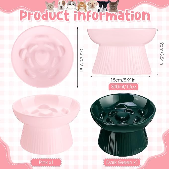 Tioncy 2 Pcs Ceramic Elevated Slow Feeder Cat Bowl, Raised Cat Slow Feeder Bowl, Anti Vomiting for Dry and Wet Food, No Spill High Edge Easy Clean Dishwasher Safe (Pink,Dark Green) - Image 2
