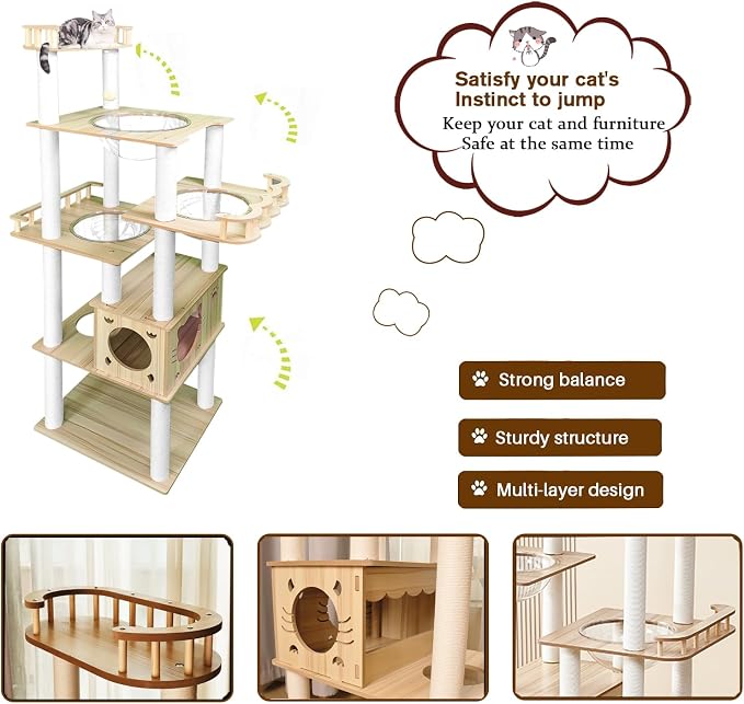 Yinanroa 73-Inch Cat Tower for Multiple Cats, Cat Tower for Large Cats, Slim, Stable, Freestanding, Popular,Prevents Cats from Falling, Space Saving, Wooden Cat Tree. 20lb (8782) - Image 5