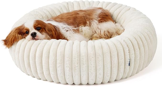 Bedsure ComfyFleece™ Donut Dog Bed Medium Size Dog with Washable Cover | 30x30x8in, Calming Round Pet Bed, Support Plush , with Removable Corduroy Fleece for Senior Dog,Anti Slip Bottom,Cream - Image 8