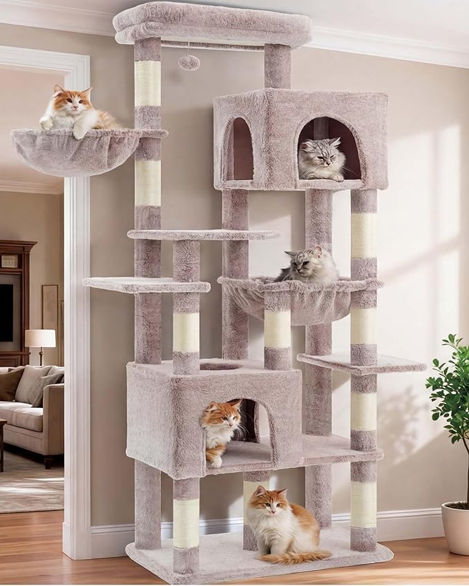 Heybly Cat Tree, 76-Inch Tall Heavy Duty Cat Tower for Big Cats HCT039MU | Multi-Level Large Cat Furniture with Extra Wide Baseboard, 2 Condos & 2 Hammocks, 10 Scratching Posts, Rosy Brown by HEYBLY