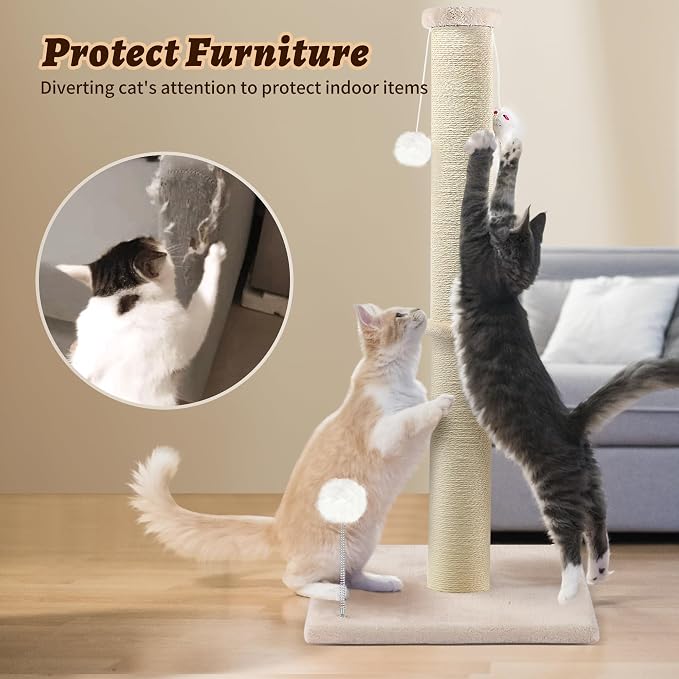 36 Inch Tall Cat Sisal Scratching Post for Indoor Cats, Beige | Natural Sisal, Sturdy Base, Interactive Toys, Full Stretch, For Kittens and Adult Cats - Image 5