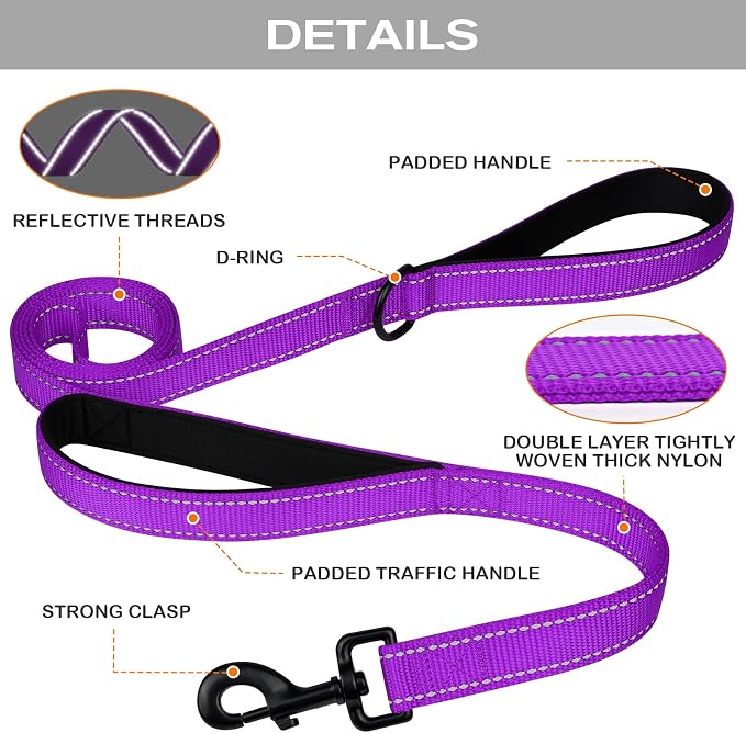 Joytale Dog Leash for Large Dogs that Pull, Double Handle, 4FT, Purple | Traffic Handle for Control, Padded Handle Reduces Hand Strain, Reflective Stitching for Night Safety, Strong Nylon Webbing - Image 3