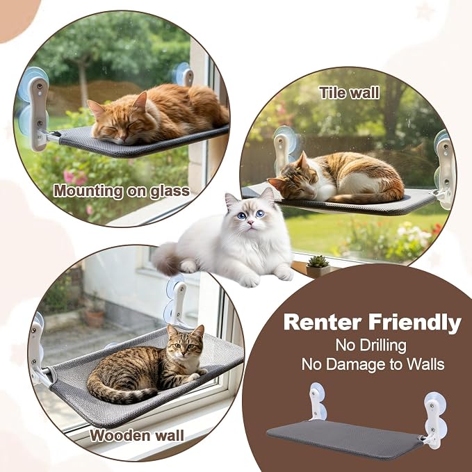 Renter Friendly Cat Shelves, Cat Window Perch Hammock Bed with 4 Suction Cups, Cordless Foldable Metal Frame & Reversible Cover, Indoor Window Hammock - Image 7
