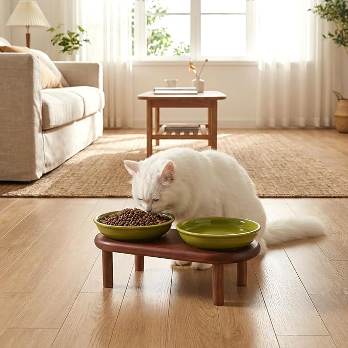 SPUNKYJUNKY Shallow Elevated Cat Bowl with Acacia Wood Stand Wide Raised Ceramic Cat Dishes Whisker Friendly Pet Food and Water Plates (Striped Pattern, Green) - Image 6