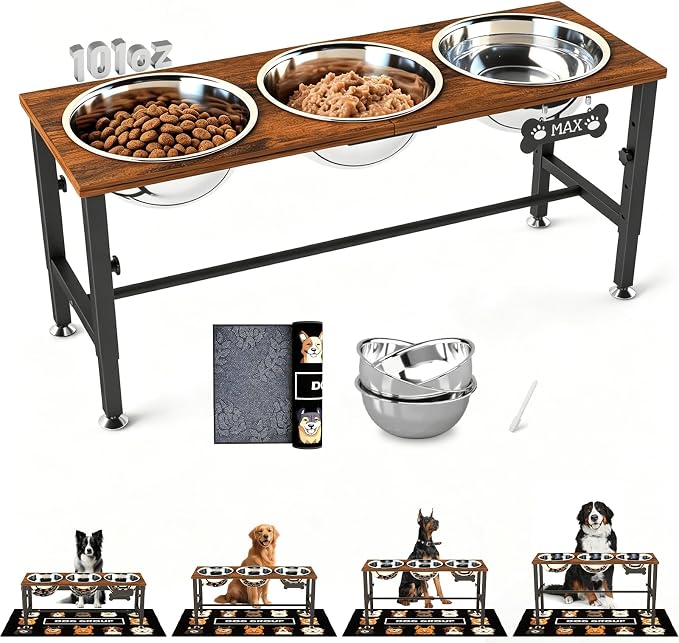 SHAINFUN Adjustable Height Elevated Dog Bowl Stand for Large & Extra Large Dogs – Wooden Raised Dog Bowls with Three 101oz Stainless Steel Bowls & Mat, Stainless Steel Food & Water Station by SHAINFUN