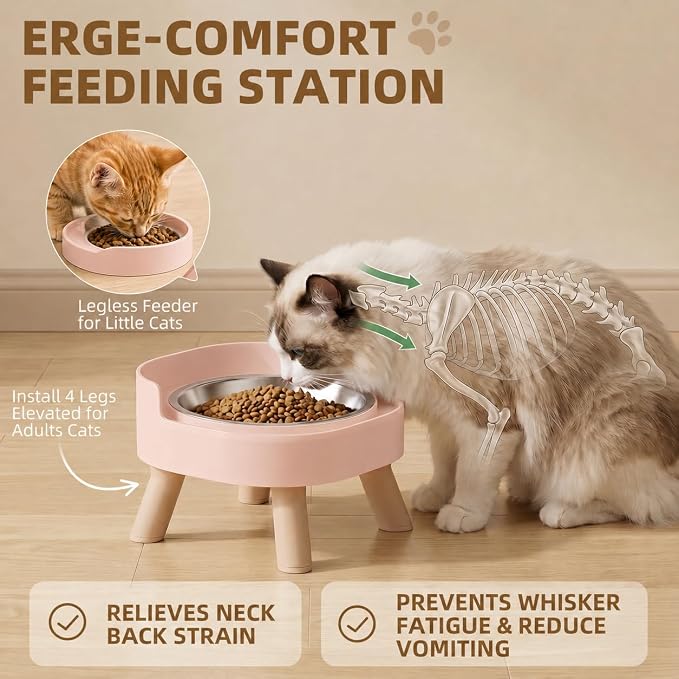 Elevated Cat Bowls, 2P Raised Cat Food and Water Bowl Set for Indoor Cats, Splash Proof with 2 Stainless Steel Pet Food Bowls for Cats ＆ Puppies, Whisker Friendly and Dishwasher Safe - Pink - Image 4