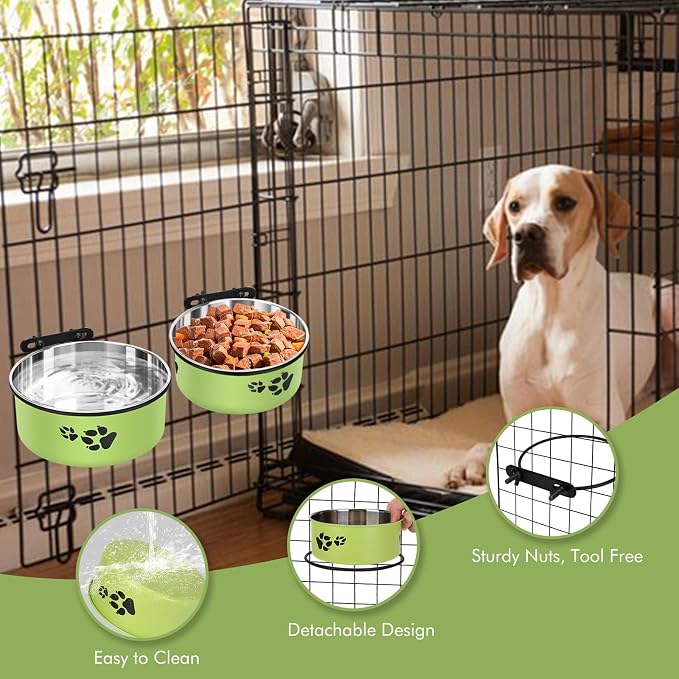 Dog Crate Water Bowl, 54oz & 34oz No Spill Crate Food and Water Bowl | Stainless Steel Kennel Bowls Mountable for Medium and Large Dogs, Cats and Pets, Set of 2, Green (7.1x2.9” & 6.2x2.6”) - Image 6