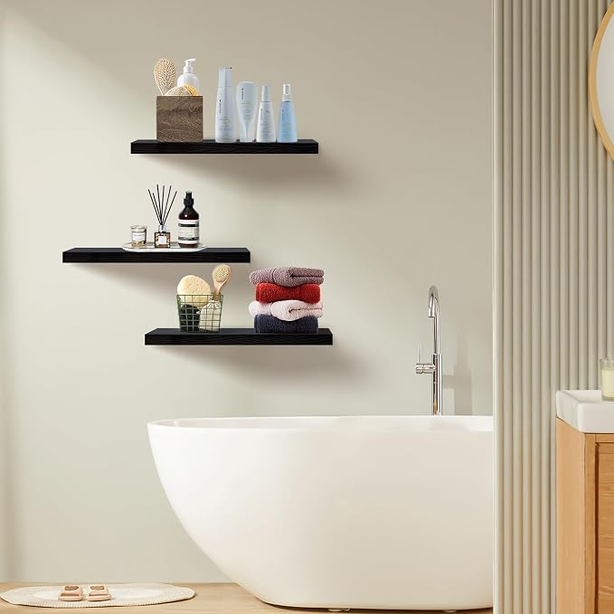 Floating Shelves for Wall Set of 3, 16 Inch Black Floating Shelves Bedroom | Smooth Black Finish, Engineered Wood Structure, Full Mount Hardware, Multi-scene Wall Storage - Image 6