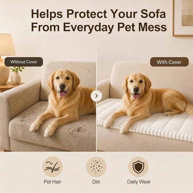 decorUhome Couch Cover for Dogs, Non Slip Fuzzy Thick Pet Sofa Protector | Pet Friendly, Machine Washable, Fits 4-Cushion Sofa, Protects Against Pet Hair, Scratches & Daily Messes, White, 27.6" x 88" - Image 5