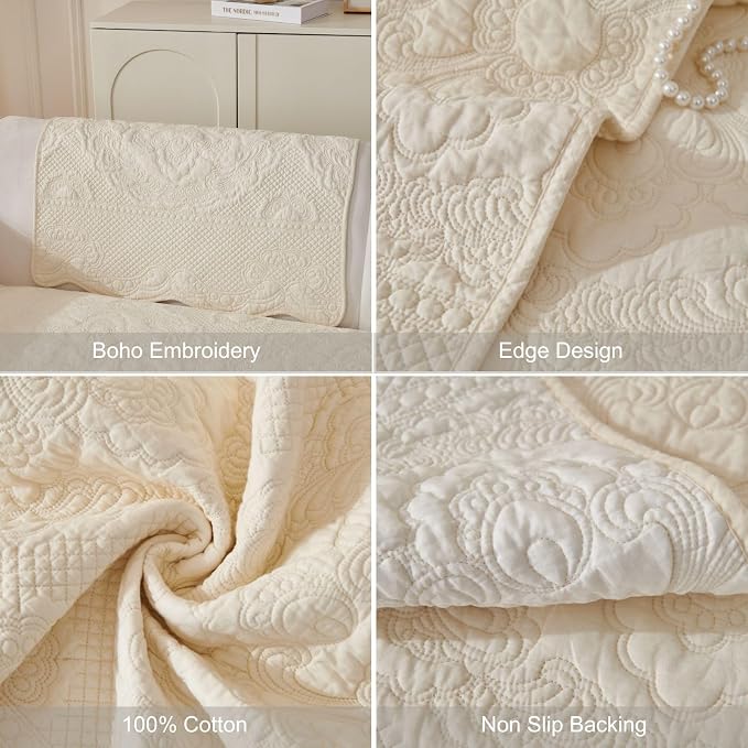 vctops Boho Cotton Quilted Couch Cover Soft Embroidered Sofa Cover Non-Slip Dog Bed Cover Scalloped Sofa Slipcover Washable Furniture Protector Cover (Cream,36"x82") - Image 7