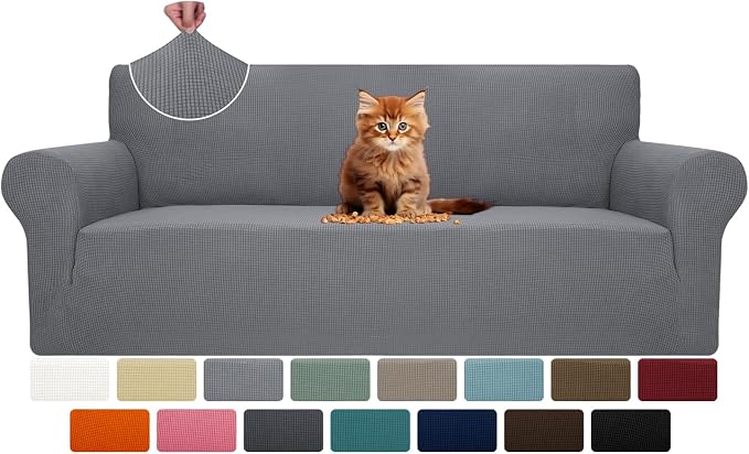 MAXIJIN Super Stretch Couch Cover for 3 Cushion Couch, 1-Piece Universal Sofa Covers Living Room Jacquard Spandex Furniture Protector Dogs Pet Friendly Fitted (Large, Light Gray) by MAXIJIN