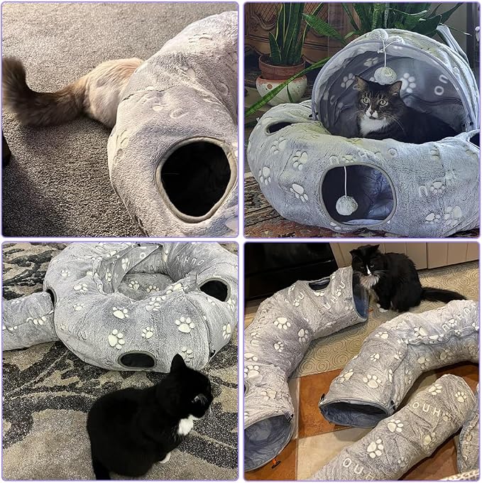 Cat Tunnel Bed, Cat Tunnels for Indoor Cats, Cat Donut Tunnel Toy with Washable Circle Cushion, Straight Shaped Tunnel, 4 Fluffy Balls, Blackout Tent, Self-Luminous Cat Toys（Grey） - Image 8