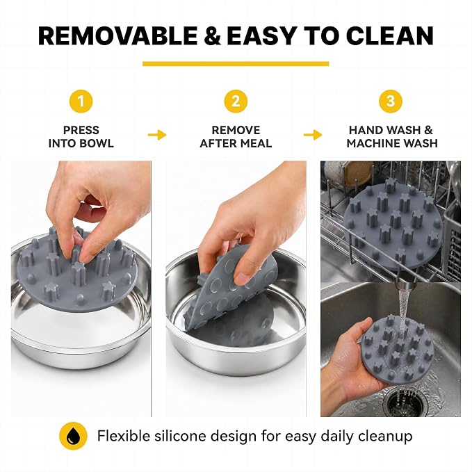 Slow Feeder Insert for Cat and Dog Bowls, Medium 4.8 Inch, Gray | Soft Silicone with 19 Suction Cups, Removable for Easy Cleaning and Best on Smooth, Flat-Bottom Surfaces - Image 7