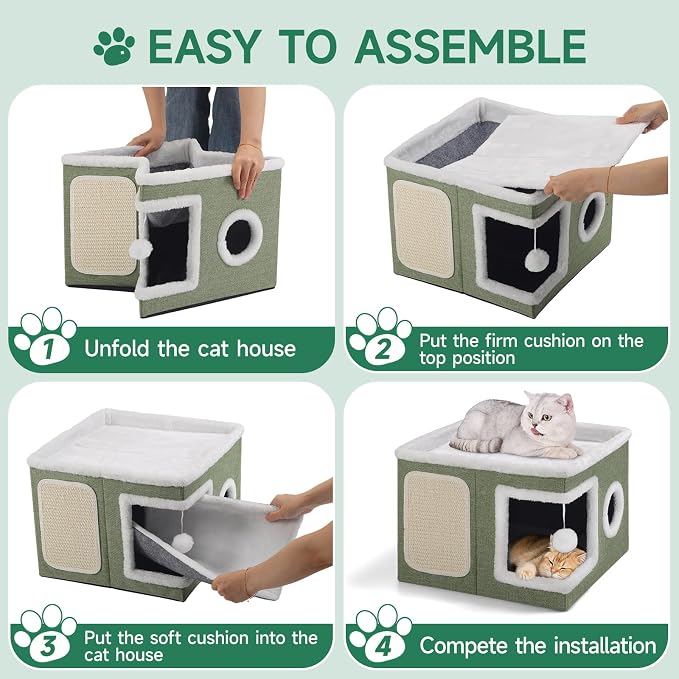Shikha Cat House Bed for Indoor Cats with Fluffy Ball and Scratch Pad Green | Foldable Large Cat Cave Hideaway with Cozy Condo, Hide and Seek Window, Holds Up to 30LBS, All Season Reversible Cushion - Image 8