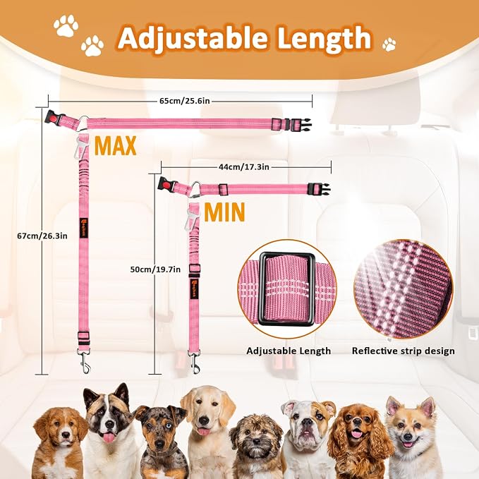 Laqibak Removable Dog Seat Belt Harness for Car, 3 in 1 Pet Seatbelt Leash | Retractable Headrest-Mounted,Restraint & Adjustable Reflective Bungee Dog Seatbelt Tether,Pink - Image 7