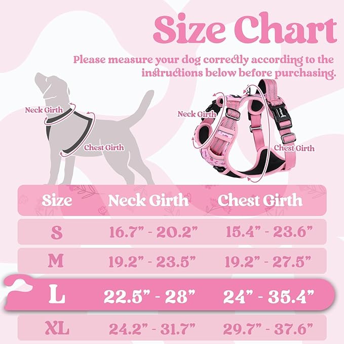 rabbitgoo Dog Harness for Large, Updated Easy On & Off with 3 Buckles | No Pull No Choke, Walking with 2 Clips and Handle, Adjustable Soft Reflective, Floral Pink, Large - Image 2