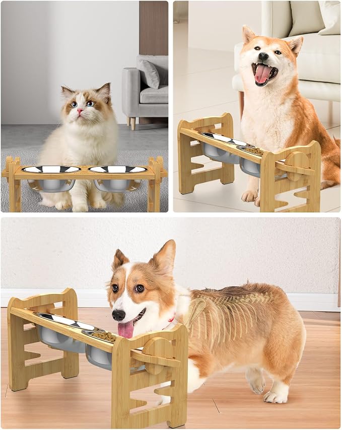 Jovrun Elevated Dog Bowls, Adjustable Raised Dog Bowl Stand for Small Size Dogs and Cats, 15°Tilted Elevated Cat Bowls, Durable Bamboo Dogs Feeder with 2 Stainless Steel Bowls and Non-Slip Feet - Image 7