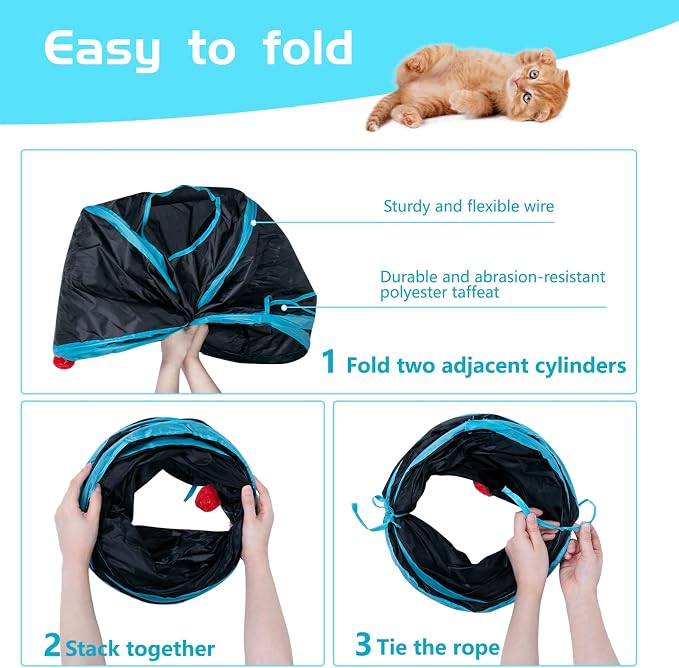 Sheldamy Cat Tunnel, 2-Way Collapsible Play Tunnel, Interactive Toy Maze for Small Animals, Suitable for Kittens, Puppies, Rabbits, Ferrets, Blue & Black - Image 4