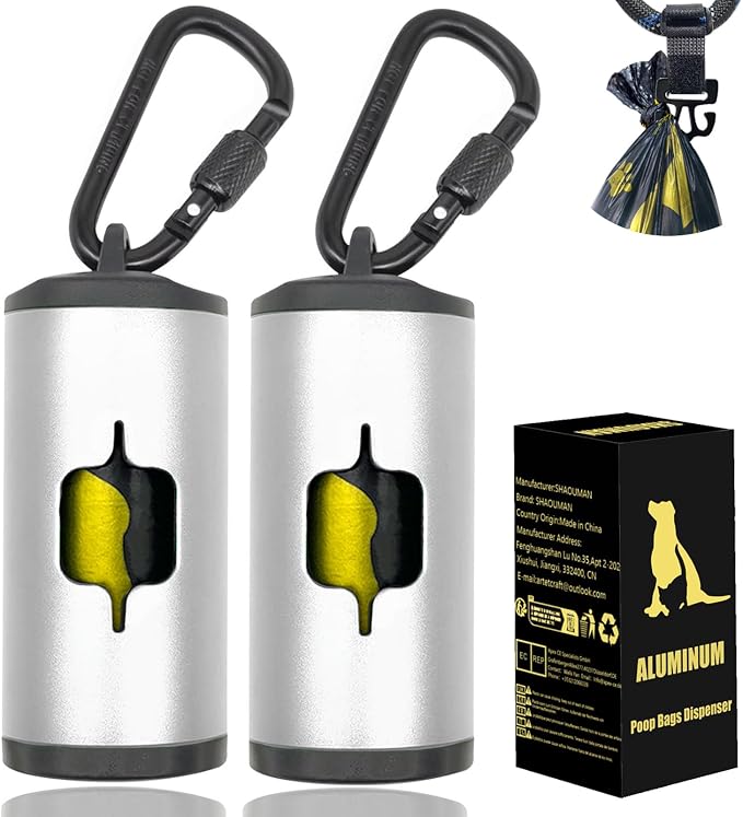 Metal Dog Poop Bag Holder 2-Pack w/Leash Clip|Durable Scratch-Resistant Aluminum|30 Bags+6 Accessories（Silver） by SHAOUMAN