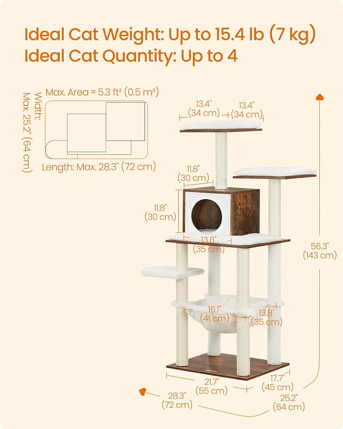 Feandrea Cat Tree, 56.3-Inch Modern Cat Tower, Multi-Level Plush Condo with Scratching Posts, Hammock, Washable Cushion, Rustic Brown UPCT164X01 - Image 5
