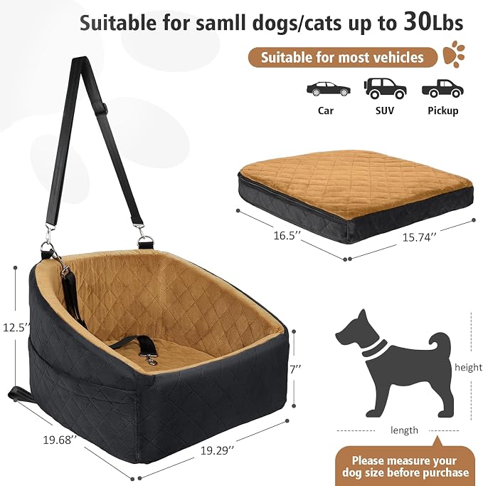 NEEZUKAR Dog Car Seat for Small Medium Dogs,Detachable Washable Dog Booster Seat Under 30lbs, Pet Car Seat Travel Bed with Storage Pockets and Dog Safety Belt(Black/Brown) - Image 2