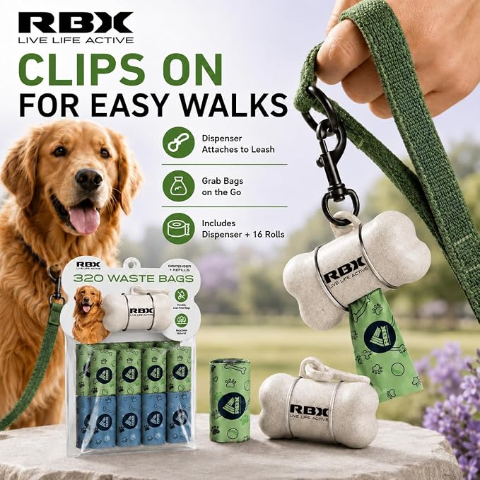 RBX Dog Poop Bags with Leash Holder, 320 Bags, 16 Refill Rolls | Clip-On Dispenser, Durable Leak-Proof, Recyclable Material - Image 3