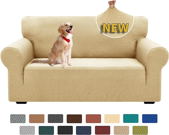 XINEAGE Stretch Jacquard Loveseat Cover, Non Slip Sofa Slipcover for Dog | High-Stretch Fabric. Wear-Resistant, Pet Friendly. Easy Install & Washable for Living Rooms, Offices.Beige by XINEAGE
